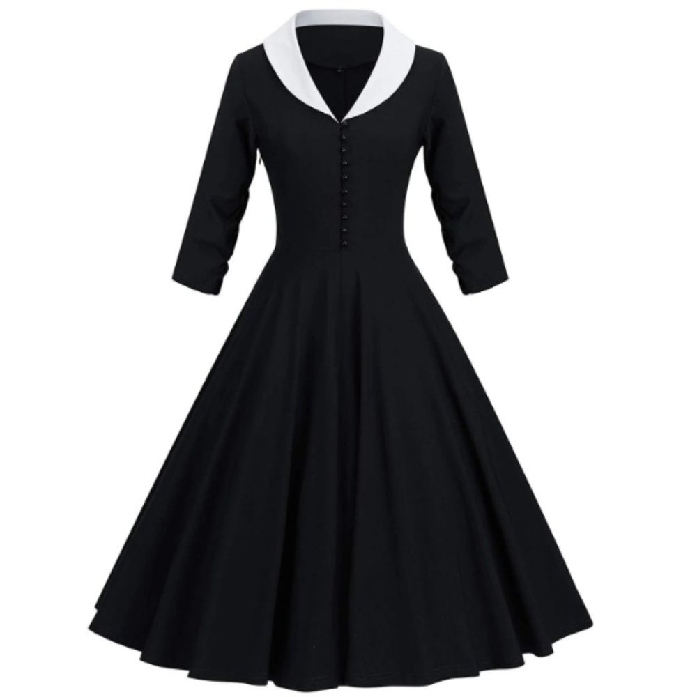 GownTown Vintage Retro Black and White Collar Sleeve Swing Dress
